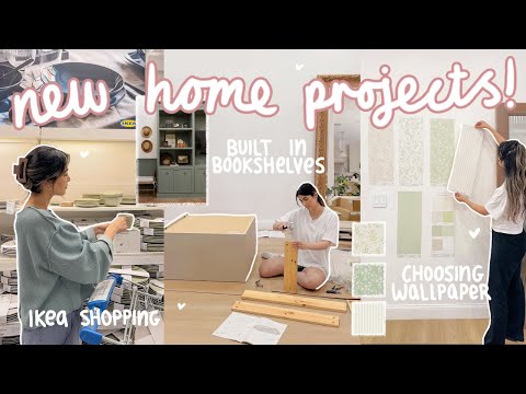 DIY BUILT IN BOOKSHELVES ✨ ikea shop with me, building cabinets + new wallpaper!