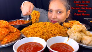 Eating Spicy🔥 Street Style Chowmin, Paneer Kurkure Momo, Chilli Paneer Manchurian, Paneer Fried Momo