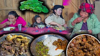 Buff Half Dry Meat Fry Recipe || Green Mustard in the village kitchen | New Nepali Village food Vlog