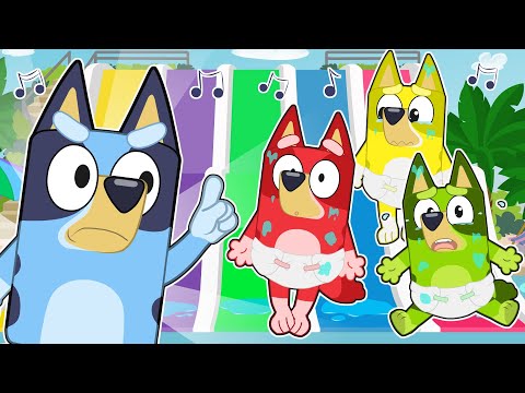 FIVE LITTLE BABIES 🐶💙 With Colorful Bluey Jumping on the Pool