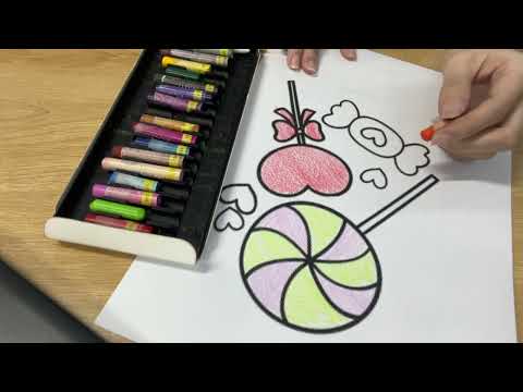 Instructions for coloring a picture of a rainbow lollipop and a heart