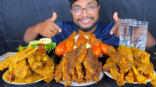 EATING MUTTON CURRY, FISH FRY , CHICKEN LEG PIECE CURRY, EGG CURRY AND MUTTON CHAAP CURRY WITH RICE