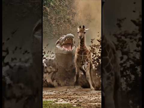 고릴라가 새끼 기린을 구하다.(A gorilla saves a baby giraffe from a crocodile.)