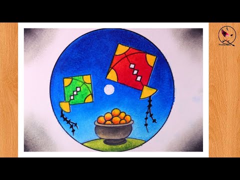 Happy Makar Sankranti drawing with oil pastel - step by step