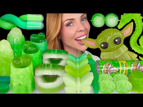 ASMR MUKBANG, Green Desserts, Star Wars Yoda Gummy, Edible Slime, Sour Apple Jello, Kohakutou 먹방