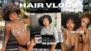 vlog | switching up my entire curly hair routine, doing a twist out + pool day with cici