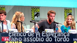 Jennifer Lawrence e elenco de A Esperança faz o assobio do Tordo (legendado)