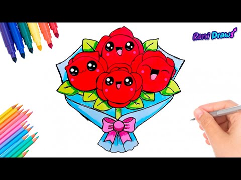 Cómo dibujar un RAMO DE ROSAS KAWAII - dibujos fáciles Paso a paso