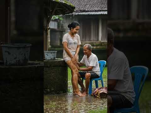 Pulang dari sawah, saya dibantu membersihkan lumpur yang masih menempel