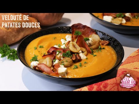 Recette de Velouté de Patates Douces aux Châtaignes, Feta, Bacon et Noix de Pécan