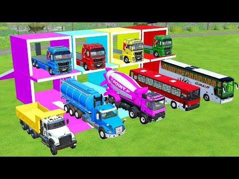 TRANSPORTING EXCAVATOR, VOLVO MIXER TRUCK, BULLDOZER, SCANIA BUS, AMBULANCE WITH MAN TRUCKS - FS22