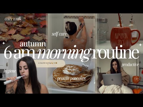 A CRISP 6 AM FALL MORNING🍂🕯️ *aesthetic* pumpkin spiced latte, self care, productive, warm pancakes