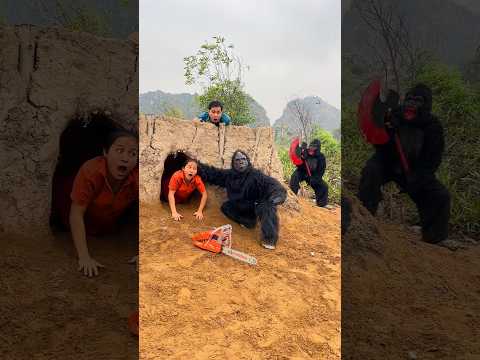 2 Ferocious Gorilla Monsters Attack The Beautiful Brave Girl, The Young Man Hides In Fear