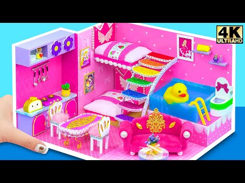 Build Pink Cute House with Rainbow Bunk Bed, Swimming Pool for Little Sister ❤️ DIY Miniature House