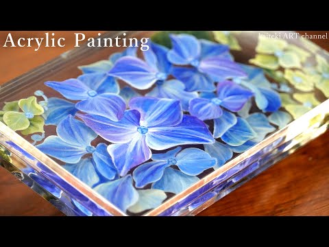 紫陽花の絵を透明なアクリルに閉じ込めてみた👩‍🎨セリアのアクリル板×アクリル絵の具 Painting on layered acrylic plates with acrylic paints