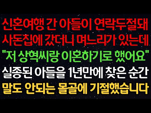 실화사연-신혼여행 간 아들이 연락두절돼 사돈집에 갔더니 며느리가 있는데 “저 상혁씨랑 이혼하기로 했어요” 실종된 아들을 1년만에 찾은 순간 말도 안되는 몰골에 기절했습니다
