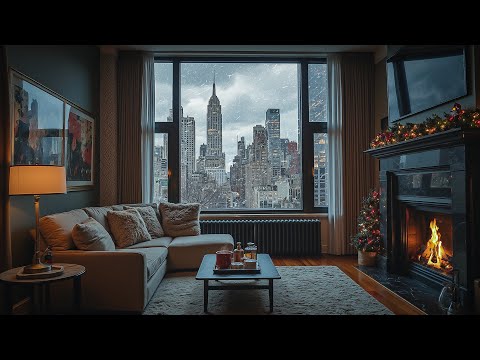 Cozy NYC Living Room Overlooking the Snowy City ❄ Soothing Jazz Instrumentals for Relax