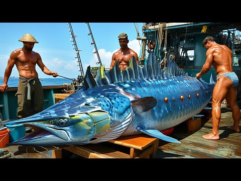 Asian fishermen catch tuna and swordfish this way - longline fishing caught processing in the factor