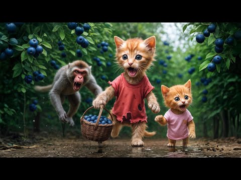 Two Poor Kitten😿Get Chased by a Mean Monkey While Picking Fruit in the Forest 🍇🐱🐒💨  #hdminds