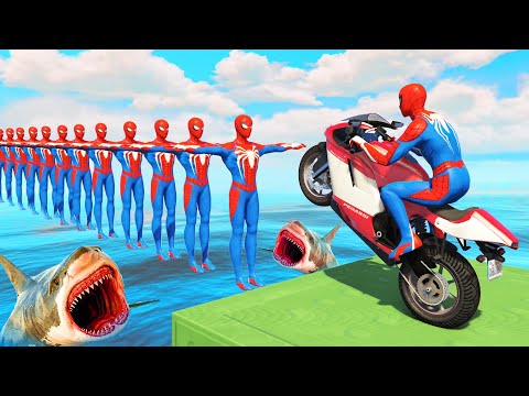 Superheroes on a motorcycle ride over the sea along the Spider-Man Bridge GTA 5