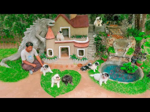 Building Godzilla Dog House with Beautiful Waterfall and Fish Pond