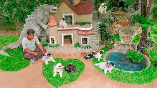Building Godzilla Dog House with Beautiful Waterfall and Fish Pond
