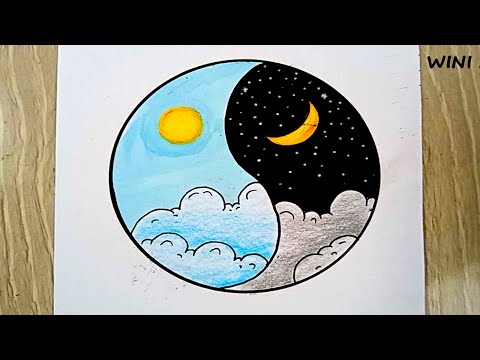 رسومات | رسم منظر طبيعى الليل والنهار بالالوان للمبتدئين خطوة بخطوة | رسم 🎨 | تعليم الرسم