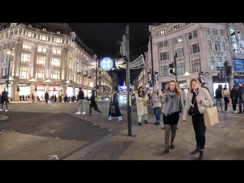 London Christmas Lights. Night Walk from Leicester Square to Piccadilly Circus to Oxford Circus.