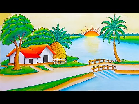 How to Draw Beautiful Village Scenery with Oil Pastels | Easy Step-by-Step Drawing Tutorial