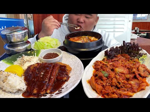 아침부터 제육볶음+돈가스+꽁치김치찌개 시원하게 먹어버렸습니다 feat.선재식당 MUKBANG