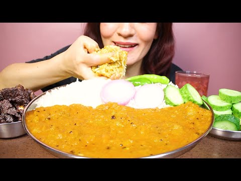 Eating Spicy Pumpkin/kaddu Curry, Basmati Rice, Dry Meat and Salad #ASMR/EATING SHOW BIG BITES