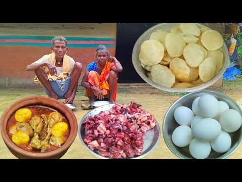 old grandma cooking CHICKEN with EGG CURRY and eating with hot LUCHI | hot to cook chicken egg curry