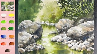 Landscape Watercolor- Green Valley (3X speed, color name view) NAMIL ART