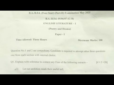 B.A B.Ed 2nd Year English Literature Exam Paper 2025 | B.A B.Ed 2nd Year English Literature Paper -1