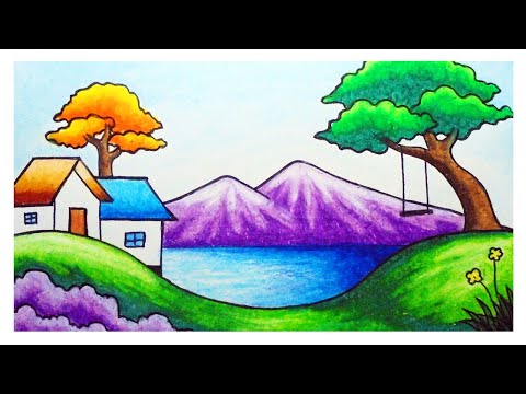 Menggambar Pemandangan | Cara Menggambar Pemandangan Desa Tepi Danau Yang Mudah Dengan Oil Pastel