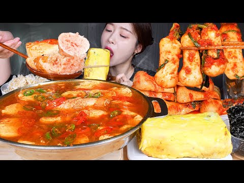 ASMR MUKBANG | 얼큰꼬소한 명란순두부찌개 ☆ 통명란 & 총각김치 & 치즈계란말이 먹방! Pollack Roe Soft Tofu Stew & Ponytail Kimchi