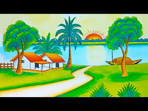 How to Draw a Beautiful Riverside Village Sunset with Oil Pastels Landscape Village Drawing Easy