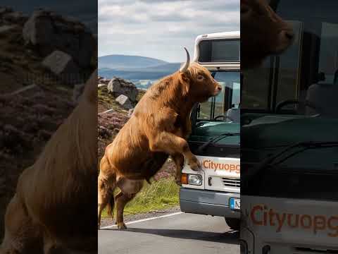Brave Highland Bull Stops Bus To Save Everyone!