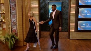 Kelly Ripa Hobbles To Set On Crutches, Reveals She Broke Her Foot!