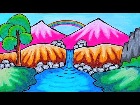 Easy Scenery Drawing | How To Easy Draw Waterfall and Mountain Scenery With a Beautiful Rainbow