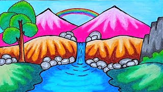 Easy Scenery Drawing | How To Easy Draw Waterfall and Mountain Scenery With a Beautiful Rainbow