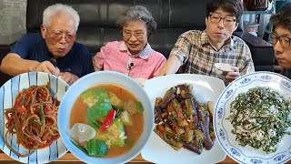 어릴적 엄마가 해주시던 추억의 시골밥상 먹방 (새우젓 호박찌개, 가지나물, 모듬해초두부무침, 고구마줄기 김치) Korean Countryside Table