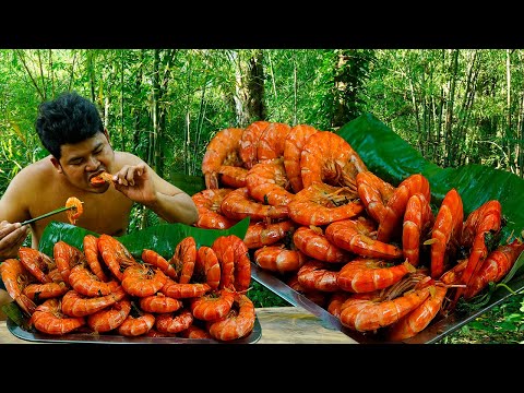 Wilderness Cooking Skill -Garlic Shrimp Recipe Stir Fry Blue Shrimp Garlic Hot Basil Eating So Yummy