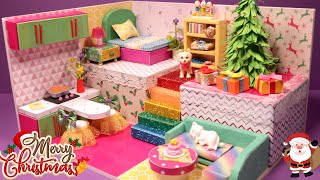 DIY Cardboard Dollhouse #49: Christmas Home with Kitchen, Bedroom, Living Room & Tree |Miniature DIY