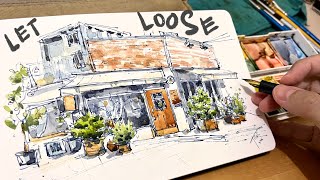 Loose ink and watercolor tutorial |sketch a flower shop