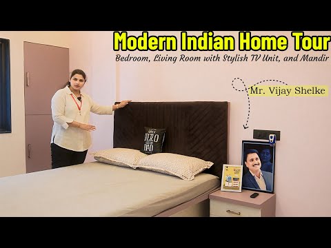 Modern Indian Home Tour: Bedroom furniture., Living Room with Stylish TV Unit, and Pooja Mandir