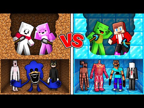 Mikey & JJ vs Carrie & Pinky Monster Mine Battle in Minecraft (Maizen)