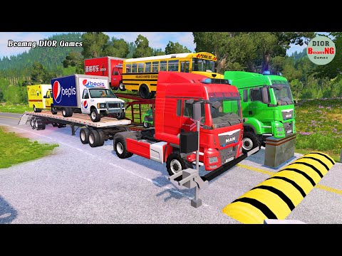 Double Flatbed Trailer Truck vs speed bumps|Busses vs speed bumps|Beamng Drive|1160