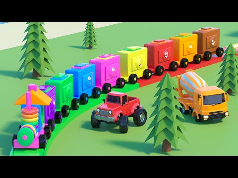 Toy train with cars and vehicles. Fire truck, police car, school bus, truck, buldozer toy cars