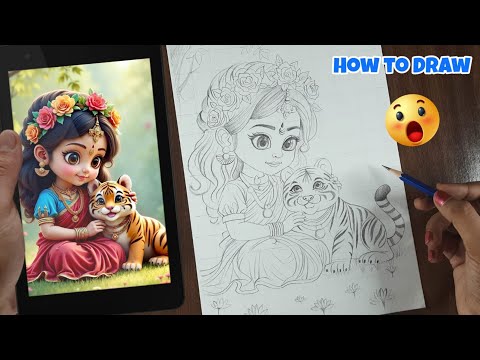 Cute Maa Durga Drawing, Maa Durga Drawing tutorial, Outline Tutorial PART 1